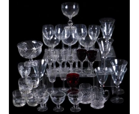 Various 20thC glassware, drinking glasses, etc. of varying forms, sundae bowls, 17cm H, wine glasses, red and clear glass dri