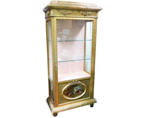 A French Louis XVI style gilt wood display cabinet, with caddy top, horizontal moulded frieze broken by ribbons and an upper 