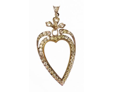 A vintage heart shaped portrait pendant, with paste stone set borders (AF), silver plated, 6.5cm H.