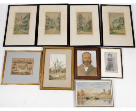 Tom Waghorn (fl.1900).  Winnbourne Town, coloured engraving, 28cm x 16cm, another in Old Canterbury, two others, a portrait b