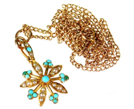 A Victorian seed pearl and turquoise set pendant and chain, the pendant marked 15c, on curb link chain, marked 9ct, 3.7g all 