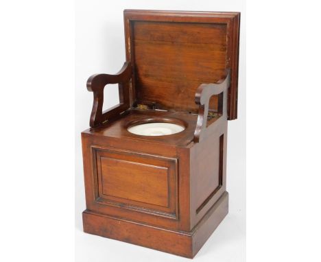 A late Victorian mahogany box commode, the moulded top raised above a panelled front with fitted interior, 50cm H, 53cm W, 44