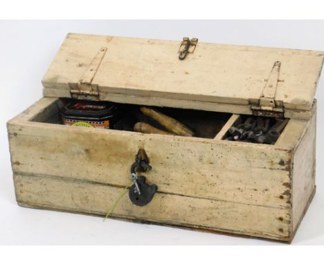 Various early 20thC and later tools, to include spanners, clippers, hand saw, etc. contained in a painted pine tool box, 68cm