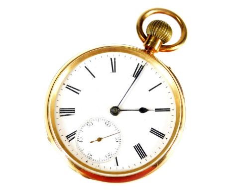 An 18ct gold open faced pocket watch, with ring top and plain case, the white enamel face with Roman numeric dial and Arabic 