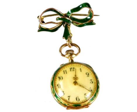 An 18ct gold and enamel fob watch, the watch with green enamel back, with floral scrolls and marquasite floral centre, on a g