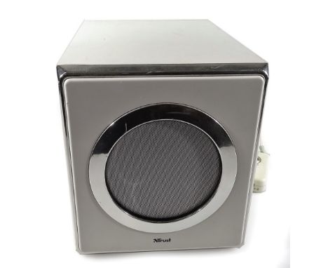 A Trust speaker in white and chrome colour way, 20cm H.