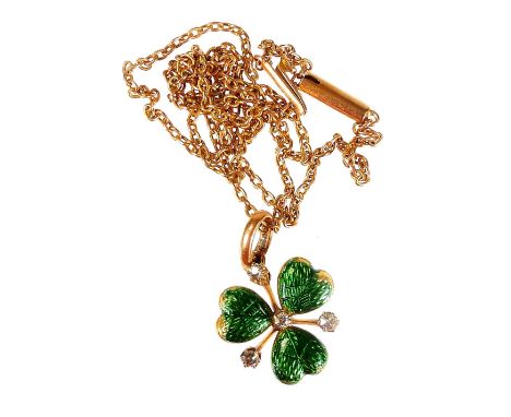 An enamel and diamond three leaf clover pendant and chain, the pendant set with green enamel (AF), and with four tiny diamond