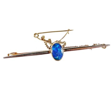 An opal bar brooch, the oval opal in rub over setting, approx 2cm high, on plain bar brooch, with safety chain, yellow metal,