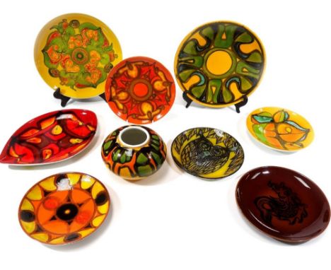 Eight various Poole pottery plates, to include a Studio type owl decorated plate predominately in yellow and green, 20cm Dia.