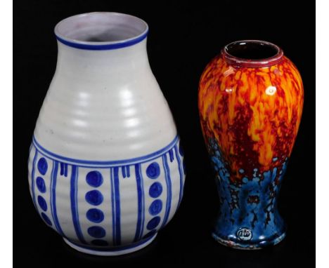 A Poole Delphis style vase, of inverted form,  in orange and blue splash decoration, 24cm H, and a further Carter Stadler Ada