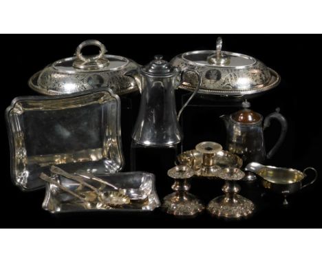 Various silver plated ware, dwarf candlesticks, preserve spoon, sauce boat, jug, entree dish, various other serving and entre