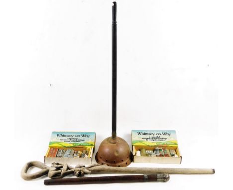 Two boxed Wade Whimsey-On-Wye cottage ornaments, a tribal staff, a heavy swagger stick and a copper posher, 84cm H.  (a quant