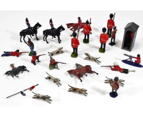 Various Britain's lead soldiers, etc.  Arthurian knight on horseback, various others, a sentry box marked Britains, various m