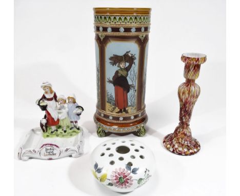 A late 19thC Mettlach vase, of cylindrical form, decorated with panels of figures, 33cm H, a Yardley advertising soap dish, R