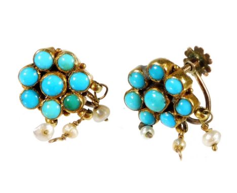 A pair of Victorian turquoise and seed pearl earrings, in the form of floral clusters, with three seed pearl drops, and screw