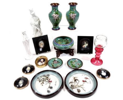 Various items, a blanc de chine figure of a lady in flowing robes, 33cm H, various cloisonné vases, bowl, etc., mid 20thC por