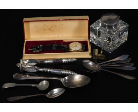 Various silver and effects, a cut glass inkwell with silver top, 7cm H, a small quantity of various flat ware, plated nut cra