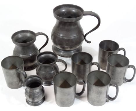 Various pewter, a late 19thC tankard of bellied circular form, with S scroll handle and plain banding, on circular foot, mark