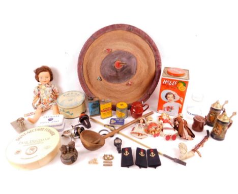 Various bygones, collectables, etc. tins to include G. Liberon, various others, treen bird carving, pipe, material shoulder e