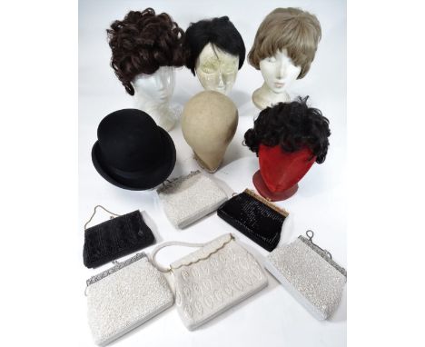Various mannequin heads, to include a mid 20thC stitched example, 26cm H, Polystyrene heads, ladies handbags, bowler hat, wig