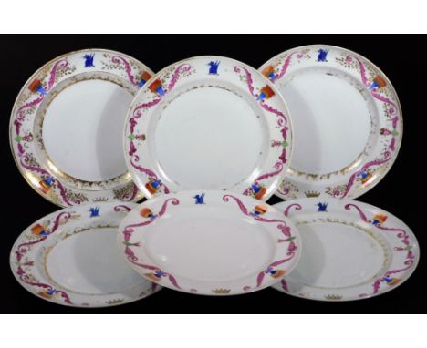 A set of six Chinese export porcelain armorial plates, of circular form, set with a gilt coloured crown and dragon motif, wit