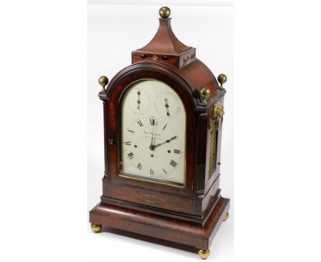 Thomas Nelson, Market Deeping.  A 19thC mahogany bracket clock of large proportion, surmounted by an inverted section with or