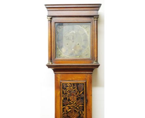 Joseph Saer, Perpoole Laine, London.  A Queen Anne provincial walnut and marquetry inlaid longcase clock, with square hood, l