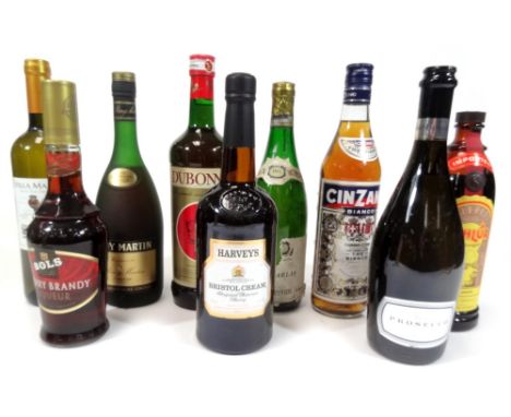 Various alcohol, white wine Vala Mare, 750ml, Prosecco, various others, Cinzano, Remy Martin, etc.  (a quantity)