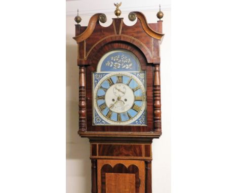 A 19thC oak and mahogany longcase clock, the swan neck pedimented hood surmounted by an urn and eagle finial, flanked by two 