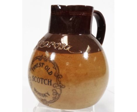 A Royal Doulton Glenrosa stoneware Scotch whisky advertising jug, in two colours, of bulbous form, with strap handle, impress