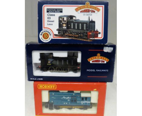 Two boxed Bachmann diesel shunters, 04 (11222) BR black and class 03 loco plus Hornby Anglia railway 0-6-0 shunter class 08 l