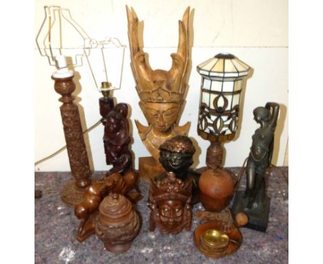 A collection of Asian figures, lamp bases, plaster bust, art nouveau style figures and tobacco holder/ash tray in the form of