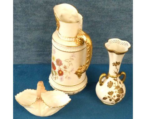 Royal Worcester pierced ivory vase, a jug and a Graingers basket (damages to the second two) Condition reports not available 