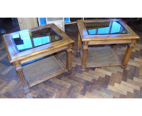 Pair of modern lamp tables with split cane undertier and glass top Condition reports not available for this auction
