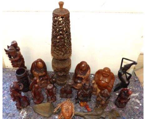Asian carved hardwood reticulated vase and a quantity of mixed mainly Asian figures Condition reports not available for this 