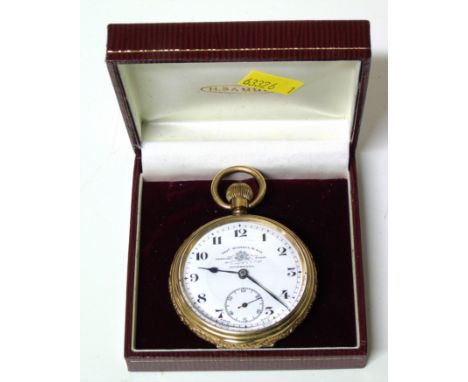 A gold plated open face Thos. Russell &amp; Son pocket watch, the circular signed white enamel dial with Roman numeral hour m