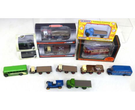 Two boxed Corgi trackside lorries "Thorneycroft Nippy" and Scammell mechanical horse and two Oxford Ferguson grey tractors, f