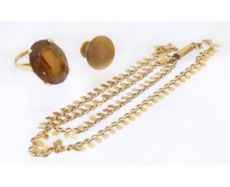 A selection of jewellery, to include a 9ct gold citrine ring, a chain and a 9ct gold dress stud, gross weight 11.5g. Conditio