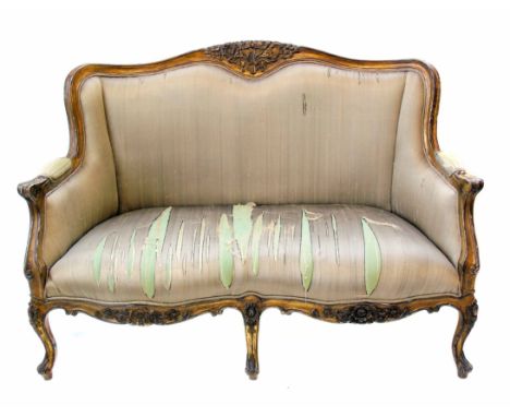 Mid 19th century French gesso framed two seater salon sofa, scrolling back and arms, double bow front rail, all standing on d