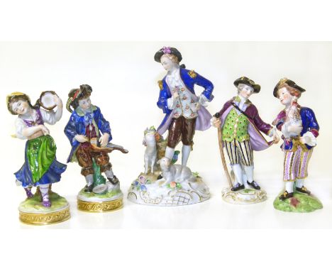 Messien style figure continental copy of a Derby figure and three Dresden figures Condition reports not available for this au