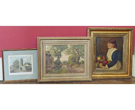 Marion Reid, portrait of a girl, oil, Henry Rollit, rural lane with cattle, oil, and a framed engraving of Sandbach cross Con