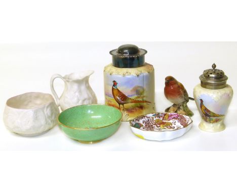 Locke &amp; Co Worcester tobacco jar, sugar sifter, Belleek jug and bowl, Beswick bird and two small dishes Condition reports