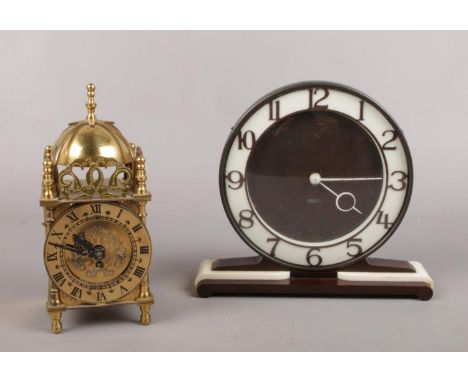 Two Smiths clocks. A vintage art deco metal &amp; bakelite mantle clock &amp; a small brass lantern clock.  