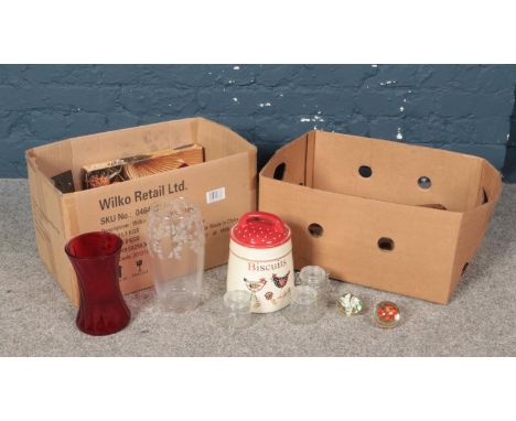 Two boxes of miscellaneous. Two glass paperweights, ceramic storage jar, glass vases etc  