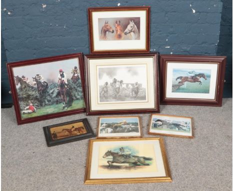 A quantity of horse racing framed prints and pictures. Including three kings, Hennessey Gold Cup 1975 print, Photograph of Te