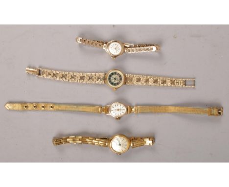 Two 9ct gold ladies manual wristwatches and two yellow metal examples. Including 9ct gold Arnex, 9ct gold Perfex example, etc