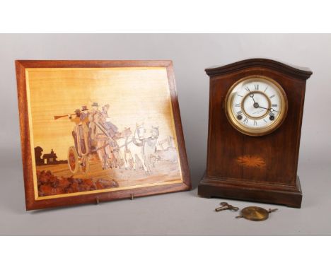An early 20th Century Mahogany marquetry inlaid mantel clock, along with a marquetry picture. Comprising of a Trade S Mark cl