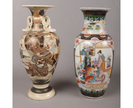 Two Japanese ceramic vases. To include a Satsuma style vase depicting a warrior, along with a vase depicting Japanese women &