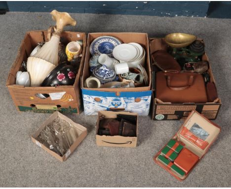 Three boxes of miscellaneous. Includes ceramics, scales, glass lustre droplets, Brother typewriter etc.  