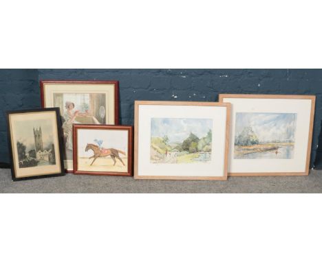 Five framed pictures. To include two watercolours by Phillip Burrows Smith of landscapes, along with a coloured etching of Ma